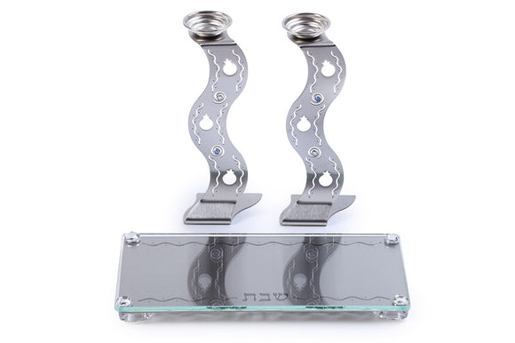 Wavy Candlesticks Set with Matching Tray - Silver