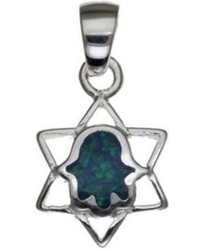 Star of David with Opal Hamsa Sterling Silver Pendant