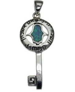 Kabbalah Blessing Key for Success with Opal Hamsa  Sterling Silver Pendant