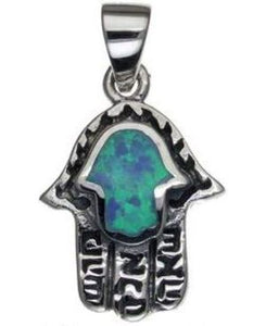 Hamsa with Opal and Kabbalah Blessing Sterling Silver Pendant