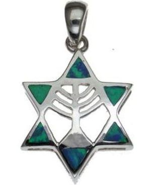 Opal Star of David with Menorha Sterling Silver Pendant