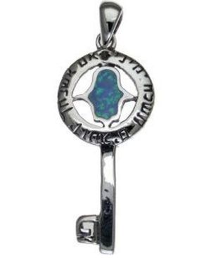 Key For Success with Opal Hamsa and Prayer foe Jerusalem Sterling Silver Pendant