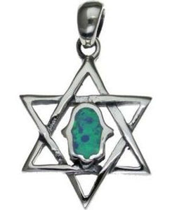 Star of David with Opal Hamsa Sterling Silver Pendant