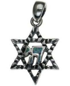 Star of david with Opal Chai   Sterling Silver Pendant