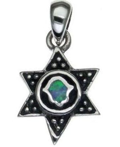 Star of David with Opal Hamsa  Sterling Silver Pendant