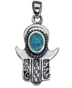 Hamsa with Opal  Sterling Silver Pendant