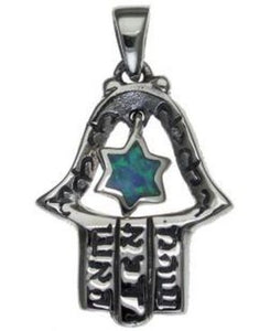 Hamsa with Opal star of David and Kabbalah Blessing Sterling Silver Pendant