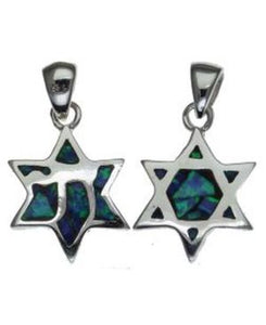 Two Sided Opal star of David with Chai  Sterling Silver Pendant
