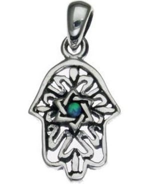 Hamsa with Opal  Star of David Sterling Silver Pendant