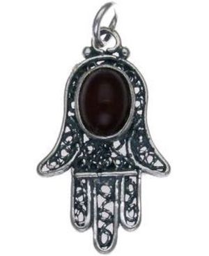 Hamsa with Black Stone Sterling Silver Pendant
