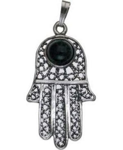 Hamsa with Black Stone Sterling Silver Pendant