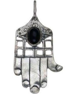Hamsa with Black Stone Sterling Silver Pendant