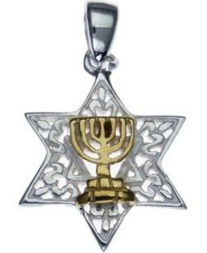 Star of David Sterling Silver Pendant with 14K Gold Plated Menorah