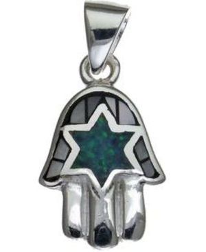 Mosaic Hamsa with Opal Star of David Sterling Silver Pendant