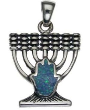 Menorah with Opal Hamsa Sterling Silver Pendant