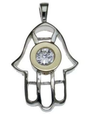 Hamsa with Cz Sterling Silver Pendant and 9K Gold