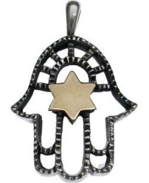 Hamsa Sterling Silver Pendant and 9K Gold Star of David