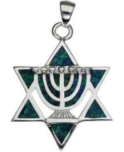 Opal Star of David with Menorah Sterling Silver Pendant