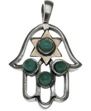 Hamsa with Turquoise  Sterling Silver Pendant and 9K Gold Star of David