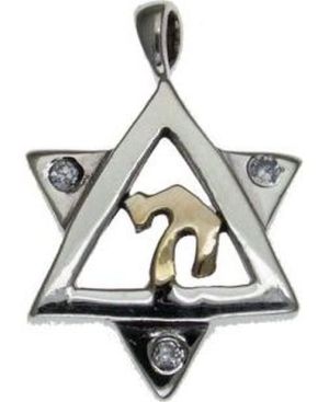 Star of David with Cz Sterling Silver Pendant and 9K Gold Chai