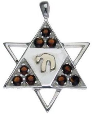 Star of David with Swarovsky Crystal Sterling Silver Pendant and 9K Gold Chai