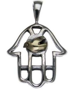 Hamsa Sterling Silver Pendant with 9K Gold Dove