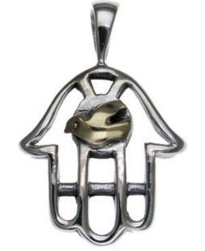 Hamsa Sterling Silver Pendant with 9K Gold Dove