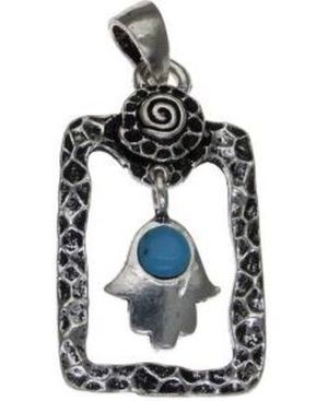 Hanging Hamsa in Rectangle Sterling Silver Pendant