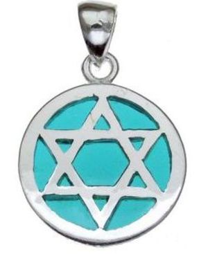 Star of David in Circle on Turquoise Stone Sterling Silver Pendant