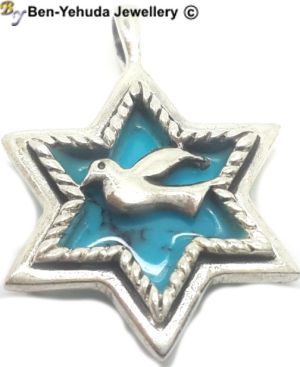Star of David wih Dove on Blue Stone Sterling Silver Pendant