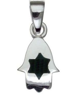 Solid Hamsa with Black Center Star of David Sterling Silver Pendant