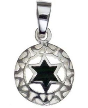 Black Star of David on Cutout Convex Disk Sterling Silver Pendant