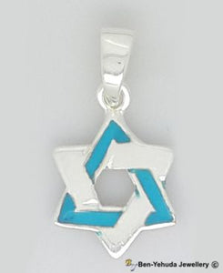 Star of David Overlapping Blue Stone & Silver Pendant