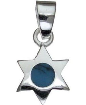 Solid Star of David with Inner Blue Stone Sterling Silver Pendant