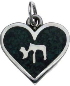 Heart with "Chai" (Life) on Dark Green Stone Sterling Silver Pendant