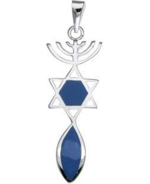 Menorah, Star of David & Ichlys with Blue Fill Sterling Silver Pendant