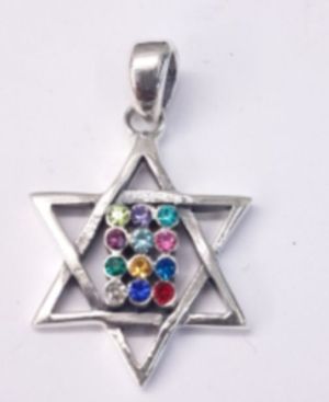 Star of David with 12 Stones Sterling Silver Pendant