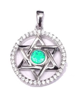 Star of David in Crystal-Studded Circle with Turquoise Center Stone Sterling Silver Pendant