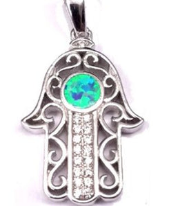 Hamsa with Crystal Finger & Turquoise Center Stone Sterling Silver Pendant