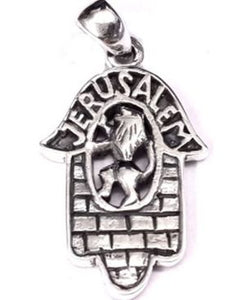 Jerusalem Hamsa with Lion & Wall Sterling Silver Pendant