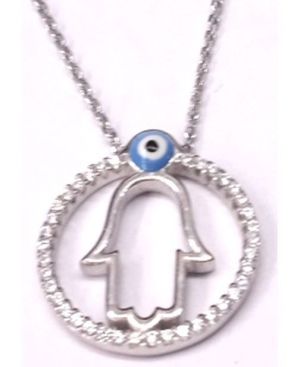 Hamsa Outline in Crystal Circle witht Eye Sterling Silver Pendant