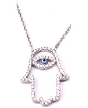 White Crystals Hamsa Outline with Eye Sterling Silver Pendant