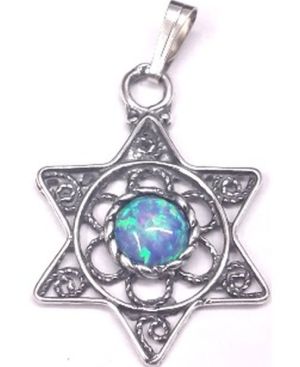 Star of David with Opal Encirlcled Center Sterling Silver Pendant
