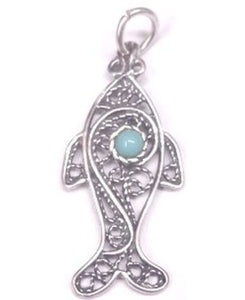 Twisted Design Fish with Stone Sterling Silver Pendant