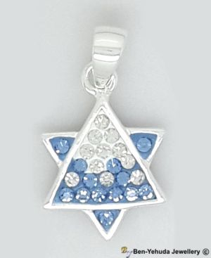 Star of David with Blue & White Crystals Sterling Silver Pendant