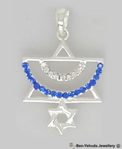 Double Star of David With Blue Crystals Menorah Sterling Silver Pendant