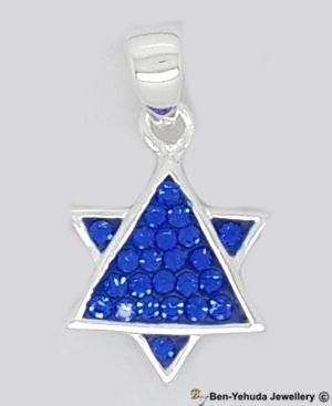 Overlapping Star of David with Blue Crystals Sterling Silver Pendant