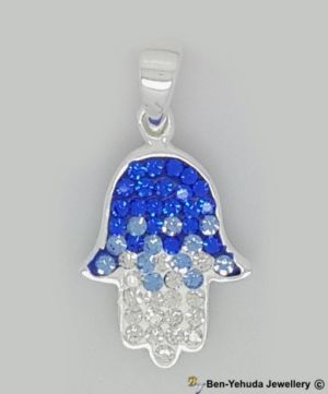 Hamsa with Blue & Clear Crystals Sterling Silver Pendant