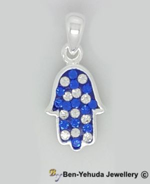 Hamsa with Dove Blue & White Crystals Sterling Silver Pendant