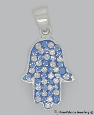 Hamsa with Pale Blue & White Crystals Sterling Silver Pendant